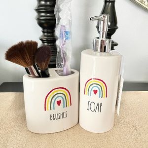 NWT Rae Dunn Rainbow SOAP Dispenser/BRUSHES Set